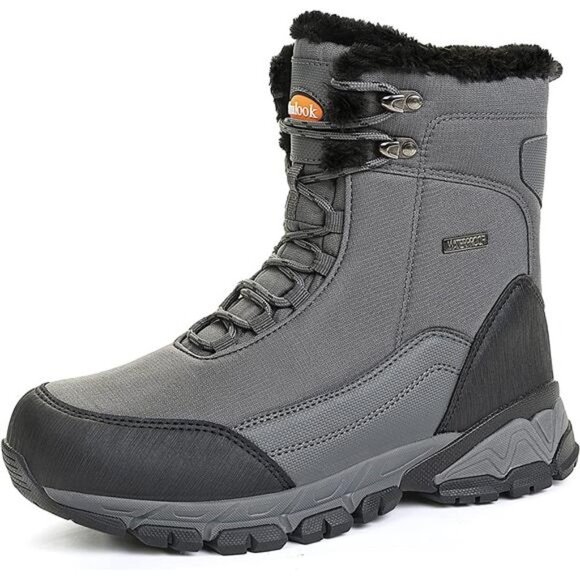 Men's Snow Boots Waterproof Warm Fur Lined Ankle High-top Shoes, Gray